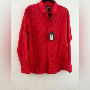 BARABAS Men's red  Floral embroidered Long Sleeve Button Down Shirt size L